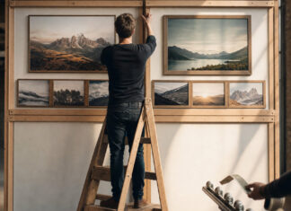 Website für Startups: Aufbau, Kosten, Anbieter und Förderung Gründer vor einer aufgebauten Website-Wand mit Förderstempel bei warmem Tageslicht