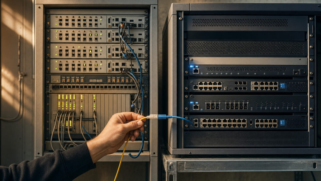 Alte ISDN-Anlage neben moderner IP-Telefonanlage, eine Hand verbindet Kabel im Technikraum.