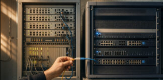 Alte ISDN-Anlage neben moderner IP-Telefonanlage, eine Hand verbindet Kabel im Technikraum.