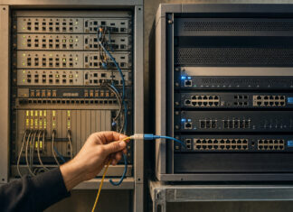 Alte ISDN-Anlage neben moderner IP-Telefonanlage, eine Hand verbindet Kabel im Technikraum.