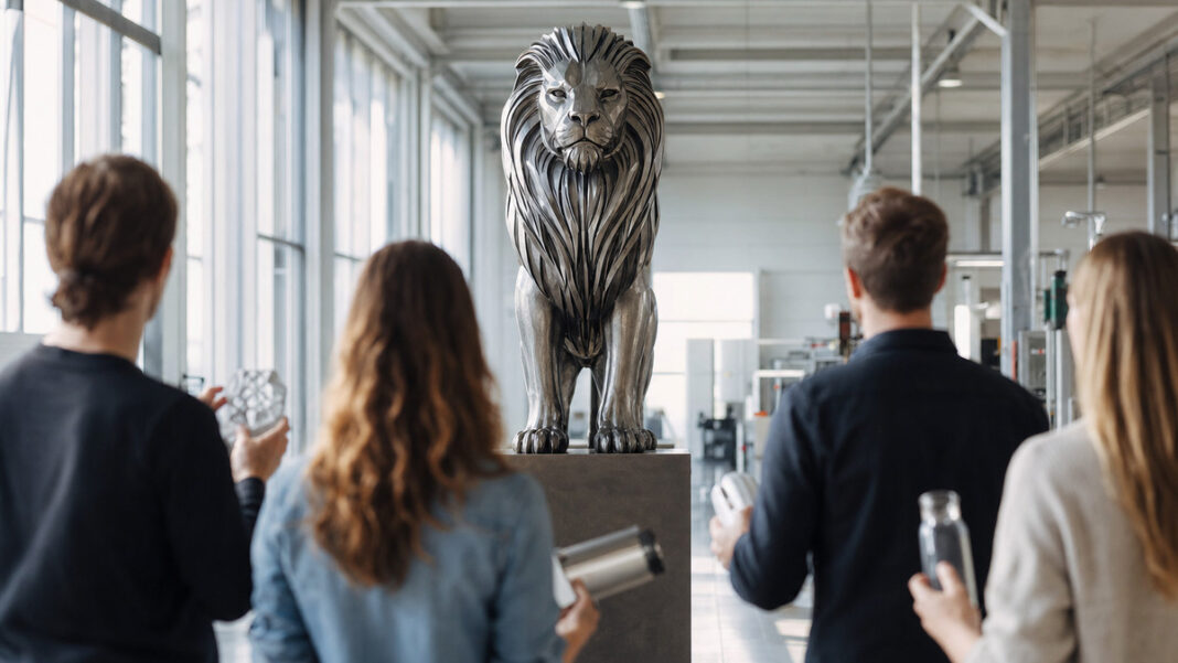 Löwen-Investments trotz Corona Metallener Löwe auf Podest, davor Gründer von hinten in einer hellen Produktionshalle