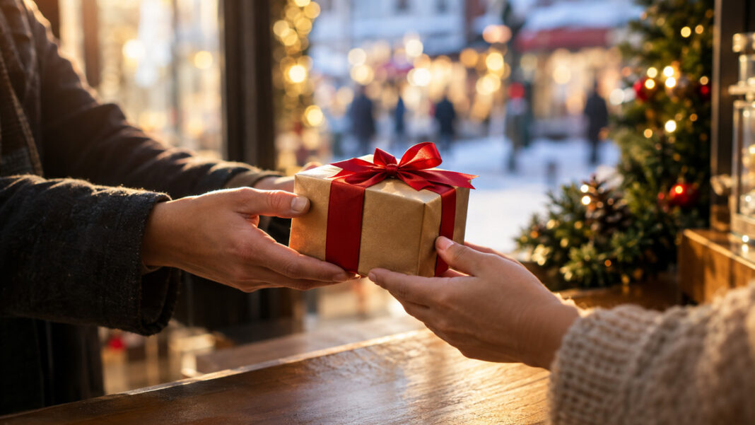 Geschenk mit roter Schleife wird an einer festlich beleuchteten Ladentheke überreicht