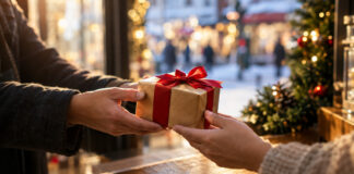 Geschenk mit roter Schleife wird an einer festlich beleuchteten Ladentheke überreicht