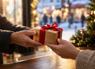 Geschenk mit roter Schleife wird an einer festlich beleuchteten Ladentheke überreicht