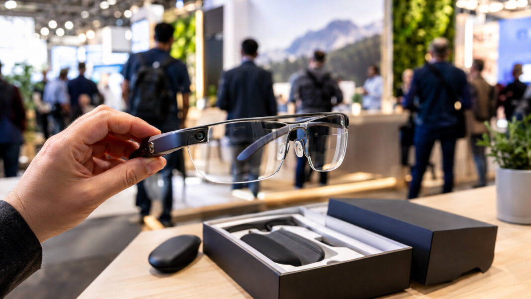 Hand hält eine Datenbrille neben geöffneter Verpackung auf einem Messetisch