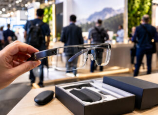 Hand hält eine Datenbrille neben geöffneter Verpackung auf einem Messetisch