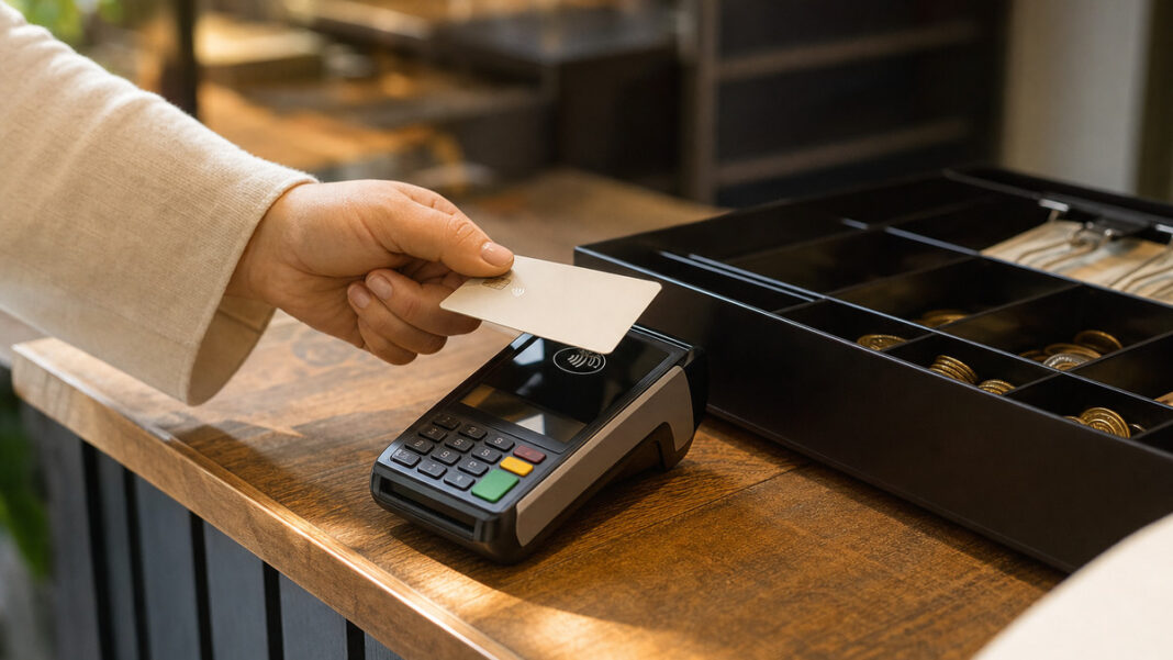 Payment-Service-Provider an der Kasse Kartenterminal an der Ladenkasse, eine Hand hält eine Karte darüber, Münzen in der Schublade