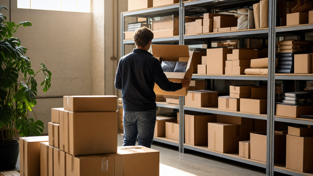 E-Commerce-Plattform im Lager Inhaber im Lager prüft Versandkisten und Pakete im warmen Tageslicht.