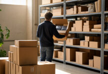 Die beste E-Commerce-Plattform – Shopsysteme im Vergleich Inhaber im Lager prüft Versandkisten und Pakete im warmen Tageslicht.