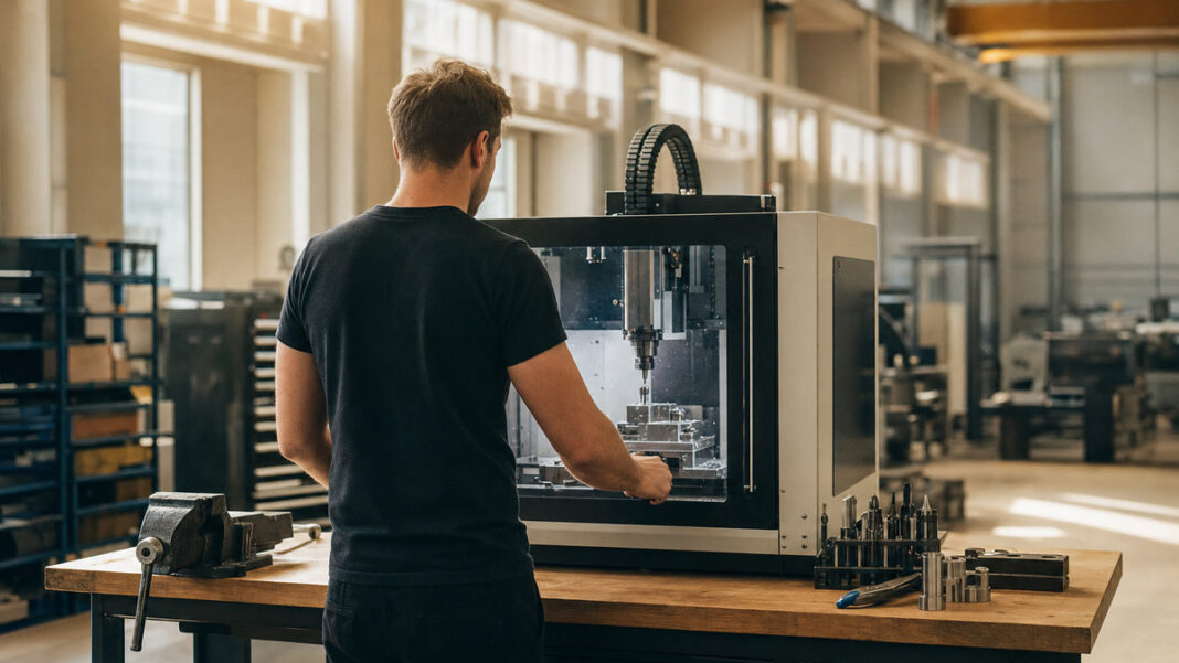CNC-Fräse als digitale Hilfe Gründer arbeitet in einer Werkhalle an einer kleinen CNC-Fräse bei natürlichem Licht