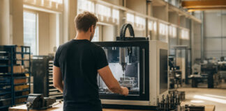 Gründer arbeitet in einer Werkhalle an einer kleinen CNC-Fräse bei natürlichem Licht