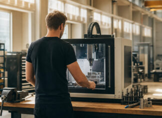 Gründer arbeitet in einer Werkhalle an einer kleinen CNC-Fräse bei natürlichem Licht