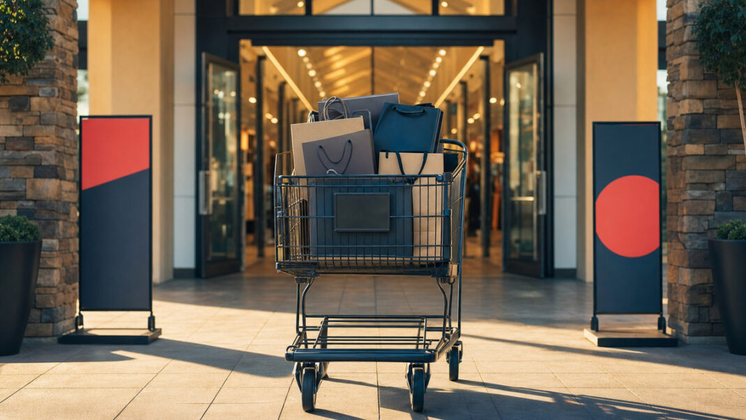 Einkaufswagen vor Outlet-Eingang mit vielen Einkaufstüten im warmen Licht