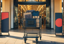 Black Friday 2020 – Wie er erfolgreich wird! Einkaufswagen vor Outlet-Eingang mit vielen Einkaufstüten im warmen Licht
