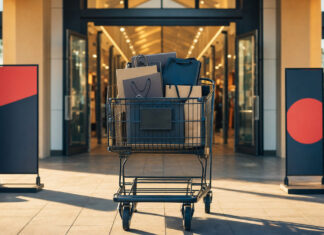 Einkaufswagen vor Outlet-Eingang mit vielen Einkaufstüten im warmen Licht