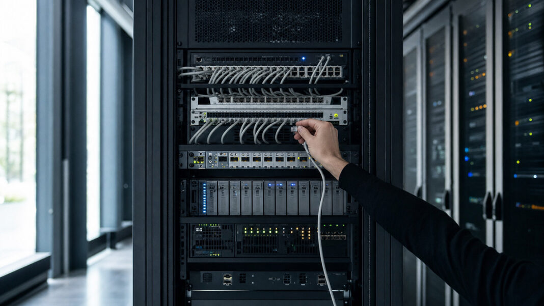 Server-Rack in einem Rechenzentrum, eine Hand steckt ein Netzwerkkabel ein