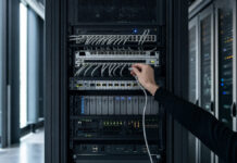 Die besten Server für Startups Server-Rack in einem Rechenzentrum, eine Hand steckt ein Netzwerkkabel ein