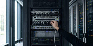 Server-Rack in einem Rechenzentrum, eine Hand steckt ein Netzwerkkabel ein
