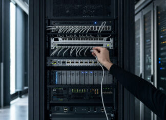 Server-Rack in einem Rechenzentrum, eine Hand steckt ein Netzwerkkabel ein