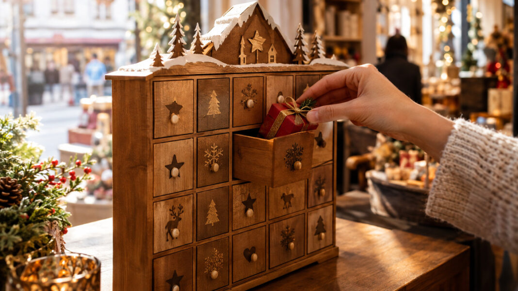 Weihnachtsverlosung Runde 3 Hand zieht ein Gewinnkärtchen aus einem Adventskalender auf einer Ladentheke.