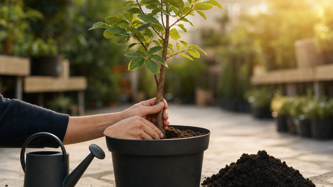 Junger Baum im Kübel wird von Händen eingesetzt, warmes Morgenlicht