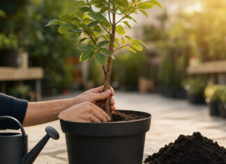 Junger Baum im Kübel wird von Händen eingesetzt, warmes Morgenlicht
