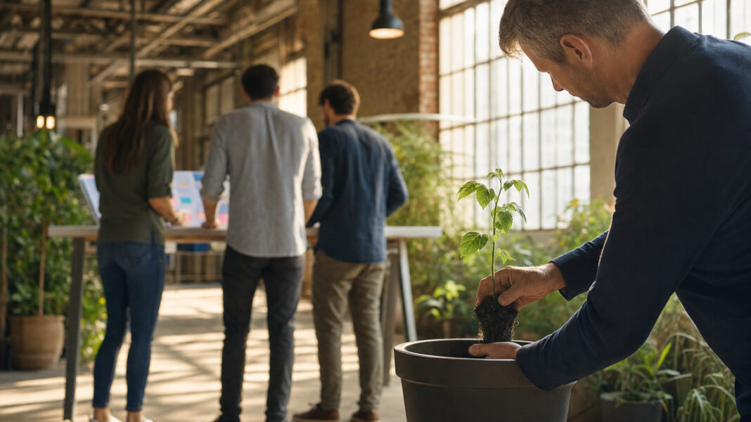 Investment und Wachstum Gründerteam betrachtet ein Pitch-Deck, während ein Investor einen Setzling umtopft.