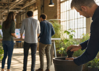 Gründerteam betrachtet ein Pitch-Deck, während ein Investor einen Setzling umtopft.