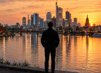 Gründer blickt von der Uferpromenade auf die spiegelnde Stadtsilhouette im Abendlicht