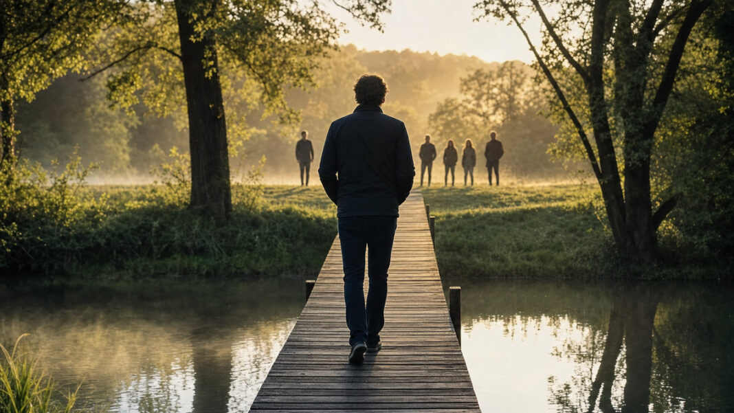 Führungskraft auf einem Holzsteg vor einem Team am anderen Ufer im Morgenlicht