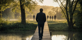 Führungskraft auf einem Holzsteg vor einem Team am anderen Ufer im Morgenlicht