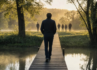 Führungskraft auf einem Holzsteg vor einem Team am anderen Ufer im Morgenlicht