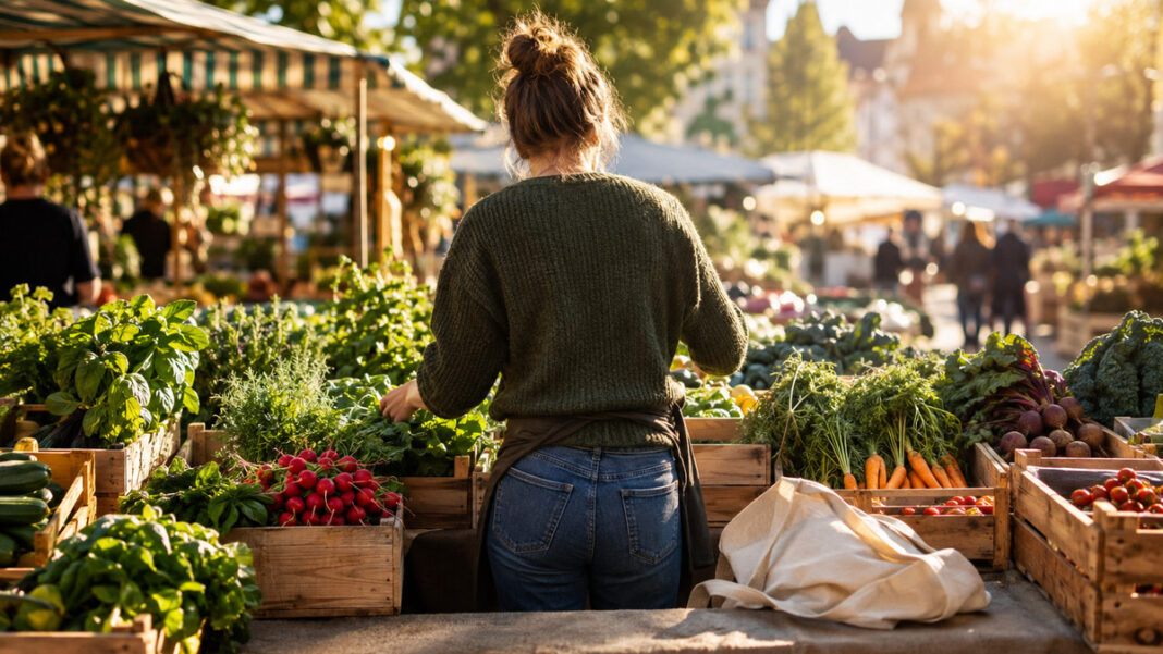 Ernährungstrends auf dem Wochenmarkt Person sortiert auf dem Wochenmarkt frisches Gemüse und Kräuter in Holzkisten.