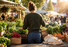 Person sortiert auf dem Wochenmarkt frisches Gemüse und Kräuter in Holzkisten.