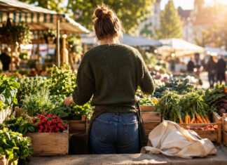 Person sortiert auf dem Wochenmarkt frisches Gemüse und Kräuter in Holzkisten.