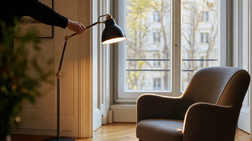 Hand richtet eine Stehleuchte an einer hellen Fensterfront in einer Altbauwohnung aus.