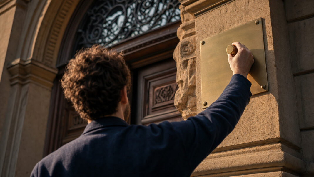 Gründer von hinten mit Messing-Siegelstempel vor dem Rathaus-Eingang