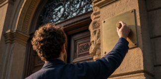 Gründer von hinten mit Messing-Siegelstempel vor dem Rathaus-Eingang