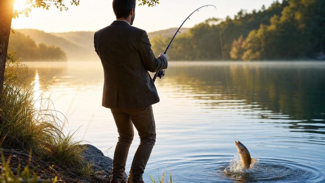 Erfolgreichen CEO anziehen Gründer angelt am Seeufer einen großen Fisch im Morgenlicht.