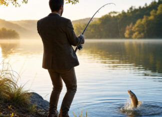 Gründer angelt am Seeufer einen großen Fisch im Morgenlicht.