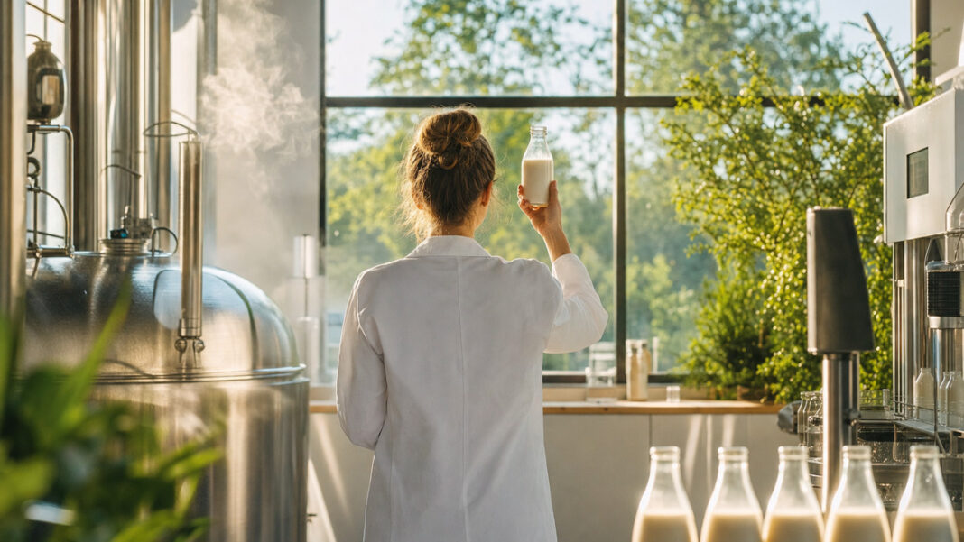 Vly im Höhenflug Rückenansicht einer Gründerin in einer Pflanzenmilch-Manufaktur mit erhobener Flasche im Morgenlicht