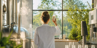 Rückenansicht einer Gründerin in einer Pflanzenmilch-Manufaktur mit erhobener Flasche im Morgenlicht
