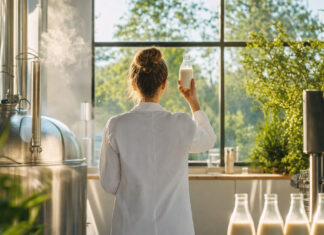 Rückenansicht einer Gründerin in einer Pflanzenmilch-Manufaktur mit erhobener Flasche im Morgenlicht