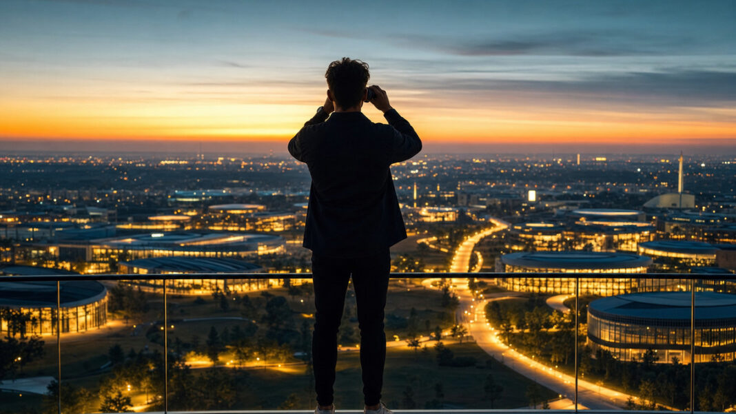 Startups auf dem Radar Silhouette mit Fernglas blickt auf leuchtende Stadt und Start-up-Standorte