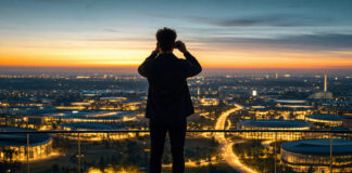 Silhouette mit Fernglas blickt auf leuchtende Stadt und Start-up-Standorte