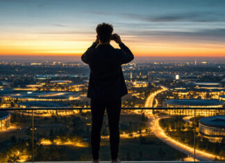 Silhouette mit Fernglas blickt auf leuchtende Stadt und Start-up-Standorte