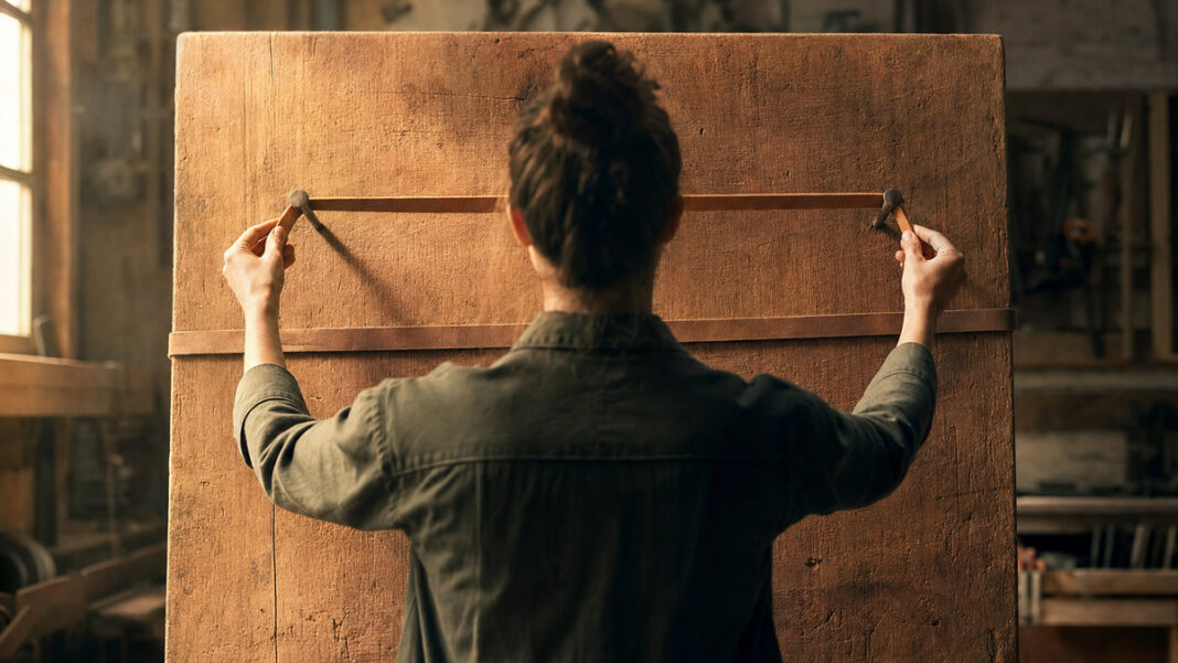 Person von hinten spannt in einer Werkstatt ein Band über ein Holzbrett