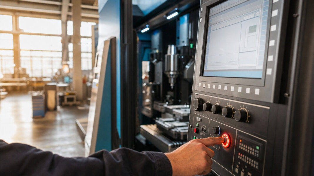 Digitalisierung im Mittelstand Hand an CNC-Fräsmaschine in heller Werkstatt mit Tageslicht