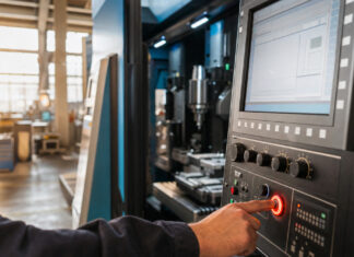 Hand an CNC-Fräsmaschine in heller Werkstatt mit Tageslicht