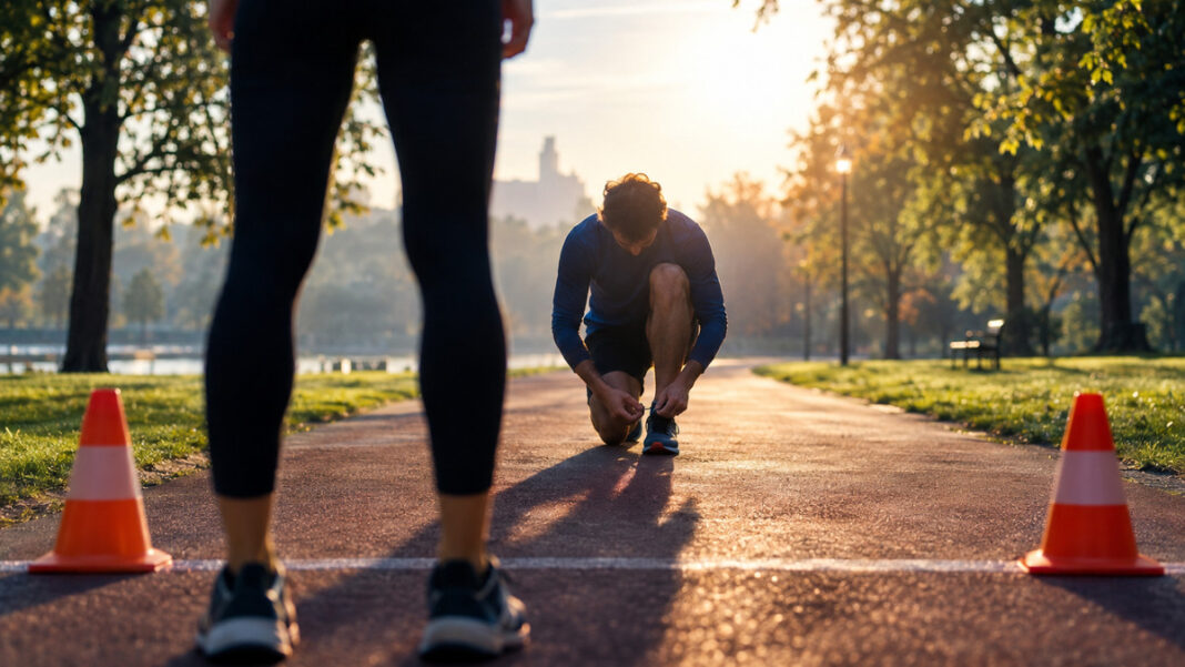 Läufer bindet im Park die Schuhe, im Hintergrund steht jemand an einer Startlinie bereit